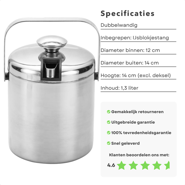 Cheqo® Luxe RVS Dubbelwandige IJsemmer - 1.3 Liter - Inclusief Tang - Wijnkoeler - Champagne Emmer -  IJsblokjesemmer - Ideaal als Wijnkoeler