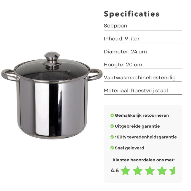 Cheqo® XL Soeppan - 9 Liter - Ø24 cm - Vaatwasmachinebestendig - Voor Alle Warmtebronnen - RVS - Ook voor Inductie - Met Glazen Deksel - Kookpan - Vaatwasbestendig - Stamppotpan - Lange Levensduur Soeppannen