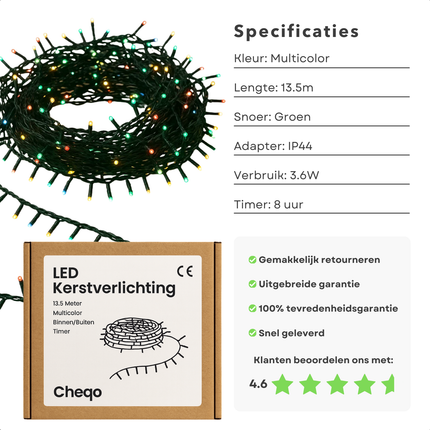 Cheqo® LED Kerstverlichting - Kerstlampjes - Kerstboomverlichting - 180 LED Lampjes - Multicolor Verlichting - 8 Lichtfuncties - Geheugenfunctie - Timer Functie - 13.5 Meter Lengte - Groen Snoer - IP44 Adapter - Binnen en Buiten