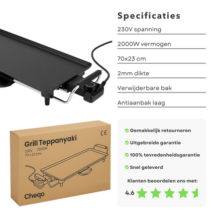 Cheqo® Teppanyaki Bakplaat - Grillplaat 2000W - Anti-Aanbaklaag - Verwijderbare Opvangbak - Tepanyaki - Tafelgrill - Elektrisch Grillen - Verstelbare Thermostaat - Stroomindicator - Gourmet - Familie Koken