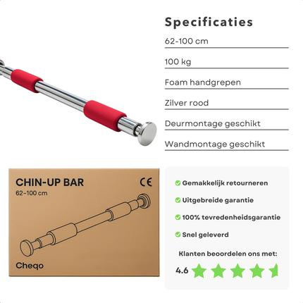 Cheqo® Verstelbare Optrekstang - Pull Up Bar - Deurpost Montage - Krachttraining Thuis - Chin Up Bar - Foam Handgrepen - Maximaal 100 Kg - Fitness Thuis - Optrekstang Deurpost - Krachttraining - Zonder Schroeven - Verstelbaar