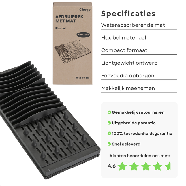Cheqo® Afdruiprek Met Mat - Ideaal voor Camping - Afdruipmat - Vaatdroger - Flexibel en Compact - Antraciet
