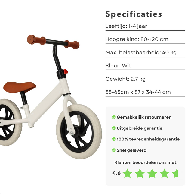 Cheqo® Witte Loopfiets voor Kinderen 1-4 Jaar - Kindvriendelijk - EVA-banden - Geschikt voor Kinderen van 80-120 cm - Lichtgewicht Design