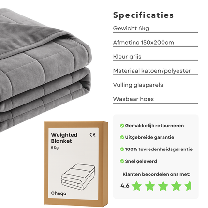 Cheqo® Verzwaringsdeken 6KG - Weighted Blanket 6KG - Verzwaarde Deken - 150X200CM - Katoen Polyester - Glasparels Vulling - Diepe Ontspanning - Comfort - Diepe Druk Stimulatie - Slaap Verbetering - Eenpersoons Deken