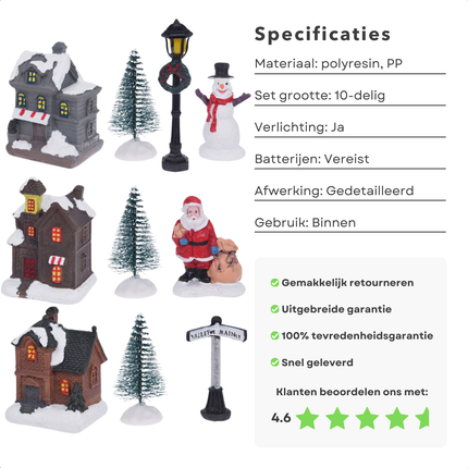 Cheqo® Kerstdorp Set - Kersttafereel - Verlichte Kersthuisjes - Kerst Decoratie - 10-Delig - Werkt op Batterijen