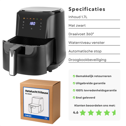 Cheqo® Airfryer - Hetelucht Friteuse - 6 Liter - Snelle Bereiding - Air Fryer - Hetelucht Oven - Timerfunctie - Hete Lucht Friteuse