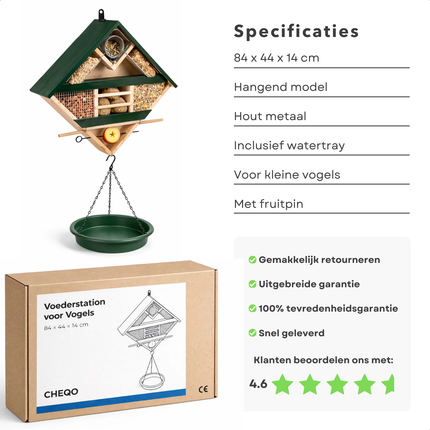 Cheqo® Vogelvoederstation - Vogelvoerstation - Vogelvoederhuisje - Vogelvoederhuisje Hangend - Vogelvoederhuisje Met Waterbak - Vogelvoederstation Met Waterbak - Vogelvoederhuisje Met Water - Vogelbadje Hangend
