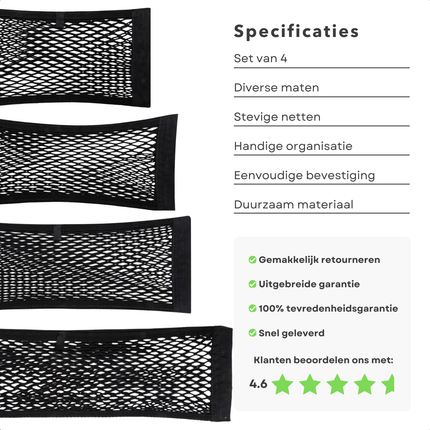 Cheqo® Bagagenet Auto Set - Kofferbaknet - Kofferbak Organizer - Elastisch Opbergnet - 4 Stuks - Verschillende Maten - Handige Auto Organizer