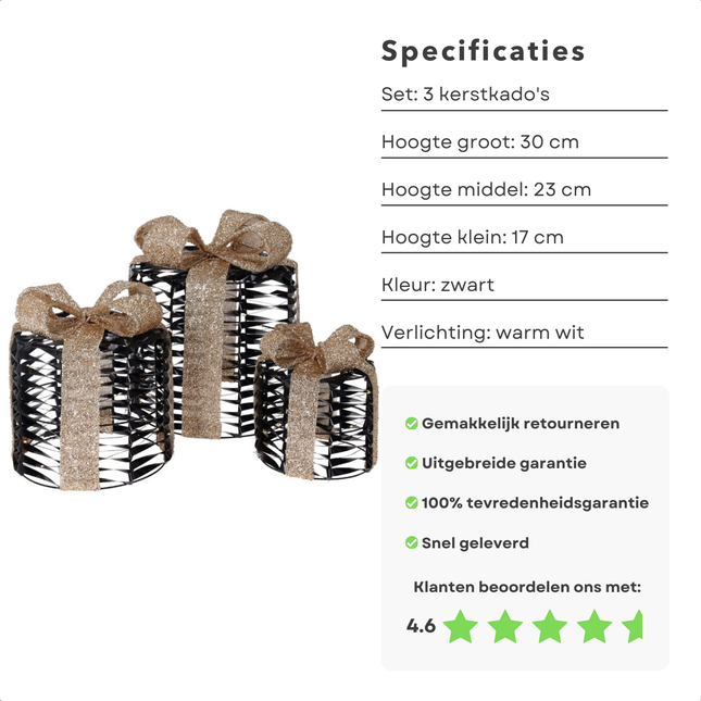 Cheqo® Kerstdecoratie Verlichting - Kerst Cadeau Versiering - Kerstcadeaus - Kerstverlichting - Kerst Figuur - Kerstlampjes - Kerstversiering - LED Cadeauset - Voor Binnen - Zwart en Goud - Kunststof