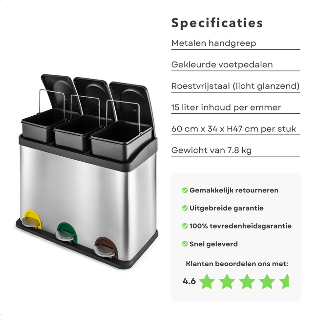 Cheqo® 45 Liter Trio-Afvalemmer - Voor Efficiënt Afval Scheiden - Prullenbak - Afvalbak - RVS - 45 liter - Pedaalemmer - Metaal - Recycle Afvalemmer - Kantoor Prullenbak - Vuilnisbak Afvalscheiding - 3 Vakken Afvalscheidingprullenbakken