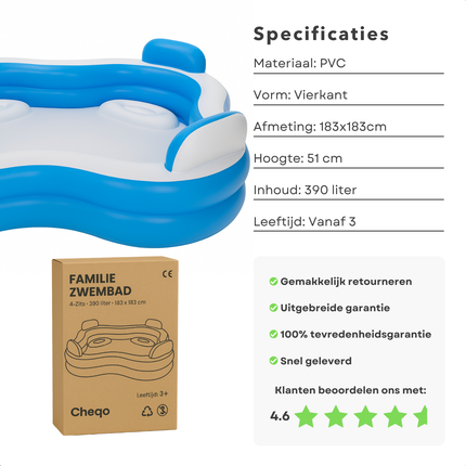 Cheqo® XL Opblaasbaar Familiezwembad - Luxe Zwembad - Opblaasbad - Bad Met Loungestoelen en Bekerhouders - PVC