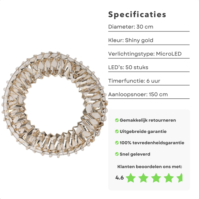Cheqo® Verlichte Gouden Kerstkrans - 50 LED - Deurkrans Goud met LED - Kerstkrans met Kerstlampjes - Ø30 cm - Warm Wit LED - Binnen