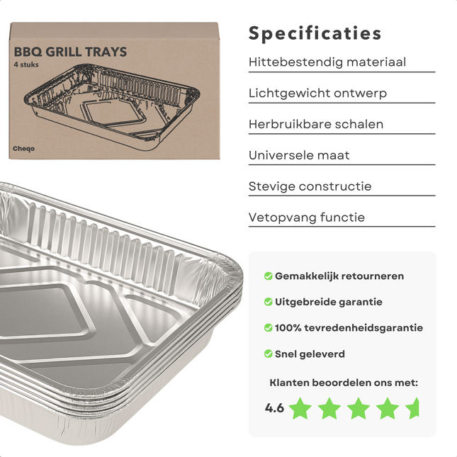 Cheqo® BBQ Grillschalen Aluminium - BBQ Bakjes - Barbecue Grillschaal - Set van 4 - Vetopvang BBQ - Wegwerp BBQ Schaal