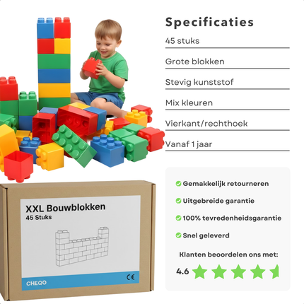 Cheqo® Xxl Bouwblokken - Grote Bouwblokken - Bouwblokken 1 Jaar - Bouwblokken Baby - Bouwblokken Peuter - Reuzen Bouwblokken - Stapelblokken - Grote Blokken Speelgoed - Bouwblokken Set - Gekleurde Bouwblokken