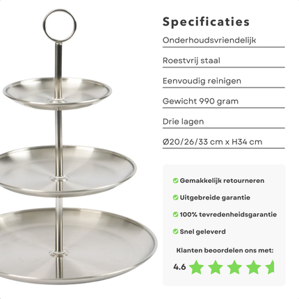 Cheqo® Etagere 3-Laags - RVS Serveerschaal - 34 cm Hoog - Ideaal voor High Tea - Serveer Schaal - Borrelplank