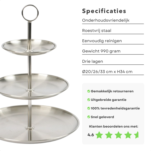 Cheqo® Etagere 3-Laags - RVS Serveerschaal - 34 cm Hoog - Ideaal voor High Tea - Serveer Schaal - Borrelplank