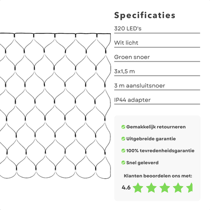 Cheqo® Netverlichting Buiten - Kerstverlichting Buiten - Kerstlampjes 320 LED Lampjes - Koelwit Licht - Groen Snoer - IP44 Adapter - Geschikt voor Buiten - Lichtnet Kerstverlichting - Tuinverlichting - Sterrenhemel Effect - Lichttapijt