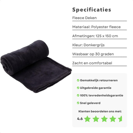 Cheqo® Fleece Deken - Groot Formaat - Wasbaar - Donkergrijs - Warmtedeken - Bovendeken - 125 x 150 cm - Polyester Fleece - Winterdeken - Warme Deken Voor Woonkamer - Fleece Plaid - Extra Comfortabel Plaids