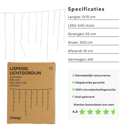 Cheqo® Ijspegel Lichtgordijn - Ijspegelverlichting Buiten - Kerstverlichting Buiten - Extra Warm Wit - 640 LED Lampjes - 12.70 Meter - Lichtgordijn Binnen En Buiten - IP44 Spatwaterdicht - Energiezuinige LED's - 8 Lichtfuncties - Groen Snoer
