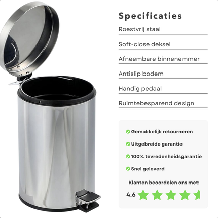Cheqo® RVS Prullenbak - Pedaalemmer - Afvalbak - Compact voor Badkamer & Toilet - Roestvrij Staal