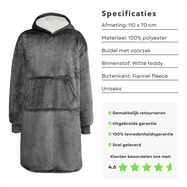 Cheqo® Hoodie Deken - Warme Plaid met Mouwen - Unisex 110x70 cm - Flanellen Fleece Charcoal Grijs