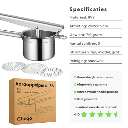 Cheqo® Aardappelpers RVS - Pureestamper - Aardappelpuree Maken - Met 3 Schijven - Eenvoudig Te Reinigen - Geschikt Voor Groenten En Fruit - 304 stainless steel - Hefboomwerking - Grof, Middel, Fijn Schijven - Multifunctionele Pers