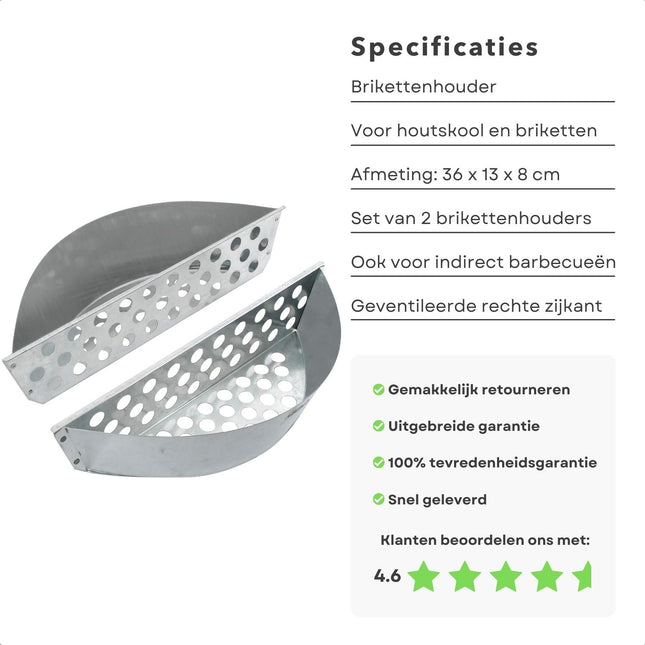 Cheqo® Universele Brikettenhouder - 2 Delen voor Houtskool en Briketten - Houdt Kolen Stevig op hun Plek - Geschikt voor Indirect Barbecuen - Ventilatie voor Optimaal BBQ-resultaat - Afmeting: 36 x 13 x 8 cm - Set van 2 Brikettenhouders Tuin