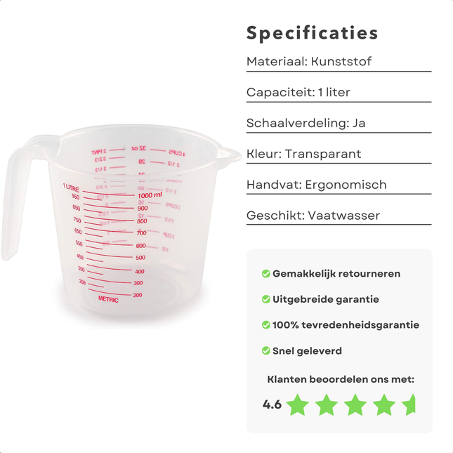 Cheqo® Kunststof Maatbeker 1L - Maatkan - Transparant - Keukenmaatbeker met Handvat