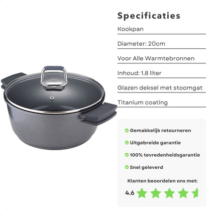 Cheqo® Titanium Kookpan - 20cm - 1.8 liter - Inductie Geschikt - Krasbestendig - Glazen Deksel 