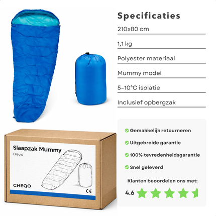 Cheqo® Mummy Slaapzak - Slaapzak Volwassenen - Blauwe Slaapzak - Slaapzak Kamperen - Zomerslaapzak - Slaapzak Zomer - Slaapzak Met Capuchon - Slaapzak Hiken - Slaapzak Backpacken - Slaapzak Festival - Outdoor Slaapzak