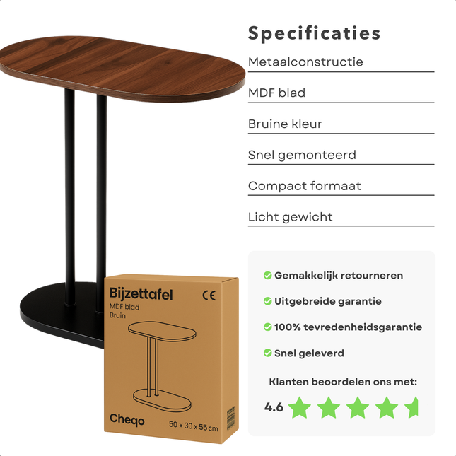 Cheqo® Moderne Bijzettafel - Salontafel Set - Bijzet Tafel Set - Laptoptafel - Banktafel - Nachtkastje - Bruin Metaal - Compacte Laptoptafel - MDF