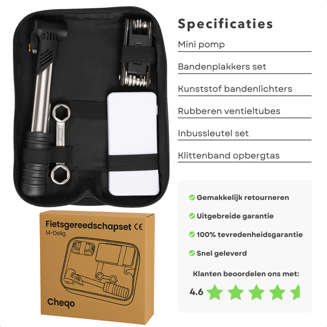Cheqo® Fietsgereedschapset 14-Delig - Fietsgereedschap - Fietsmateriaal - Toolset - Gereedschapset - Reparatieset Fiets - Compacte Reparatieset met Mini Fietspomp - Inclusief Opbergtas