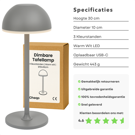 Cheqo® Luxe Metalen Tafellamp - Usb-C Oplaadbaar - Grijze Lamp - Dimbare LED - 3 Kleur Modes - LED Warm Wit - Oplaadbare Batterij - Tafel Lamp - Nachtlamp