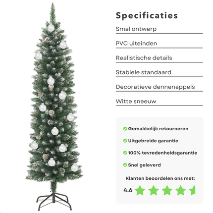 Cheqo® Kunstkerstboom Smal - Smalle Kerstboom - 180 cm - Realistisch PVC - Inclusief Standaard en Sneeuwdecoratie