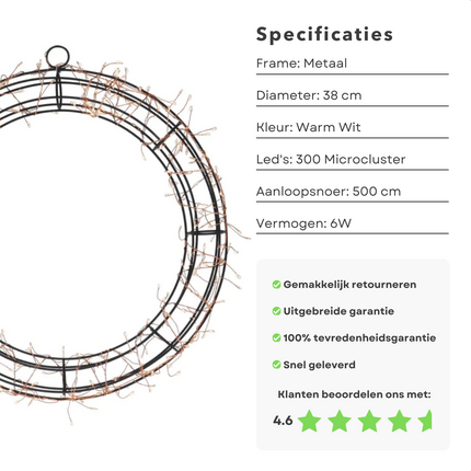 Cheqo® LED Kerstkrans - 300 LED's - Ø38 cm - Timer - Voor Binnen en Buiten - Warm Wit Verlichting - Microcluster - Kerstfiguur - Kerstversiering - Kerstverlichting - Voor Binnen en Buiten - Sfeerverlichting Kerstkrans