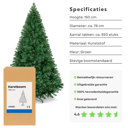 Cheqo® Kunstkerstboom 150 cm - Kerstboom Met Standaard - Volle Kerstboom - 850 Takken - Groene Kunstkerstboom - Herbruikbare Kerstboom - Stabiele Boomstandaard - Gemakkelijk In Elkaar Te Zetten - Natuurlijke Volle Vorm - Kerstdecoratie