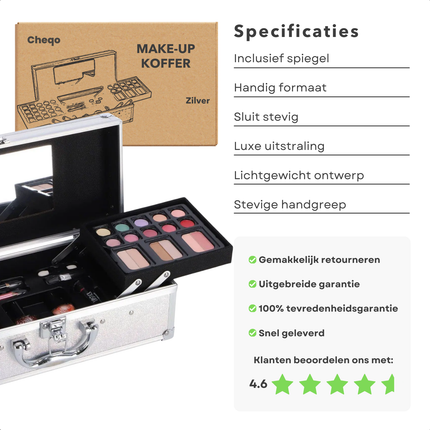 Cheqo® Make-up Koffer - Make Up Kinderen Set - Zilver - Kindermake-up Set met Spiegel - Draagbaar en Compleet