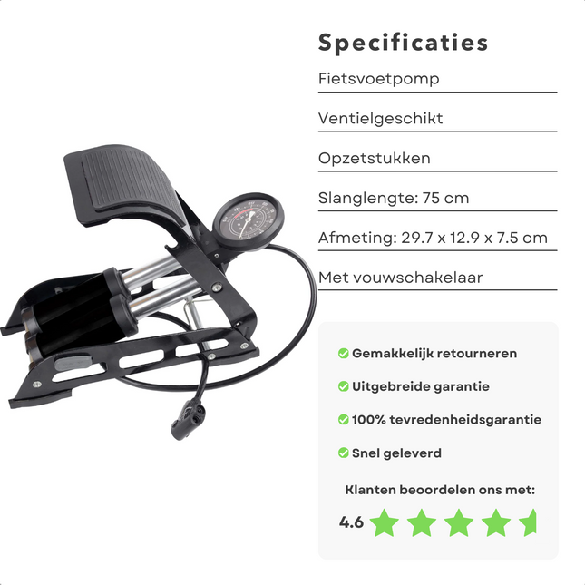 Cheqo® Draagbare Voetpomp met Manometer voor Fietsen en Opblaasbare Artikelen - Slanglengte 75 cm - Max 11 Bar, 160 PSI - Opvouwbaar Design
