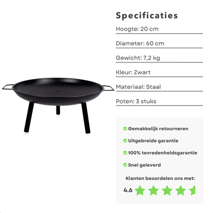 Cheqo® Vuurschaal Staal Ø60 cm - Vuurkorf - Tuinhaard - Sfeerhaard - Terrasverwarmer - Draagbare Terrasverwarming - Met Handvaten