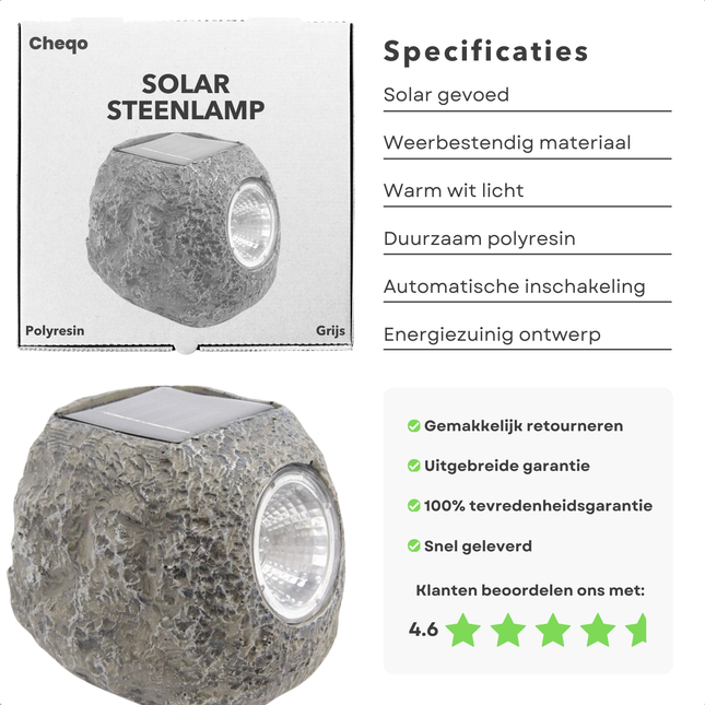 Cheqo® Solarlamp Steen - Grondspots - Decoratieve Tuinverlichting - Zonne-energie - Grijs Polyresin