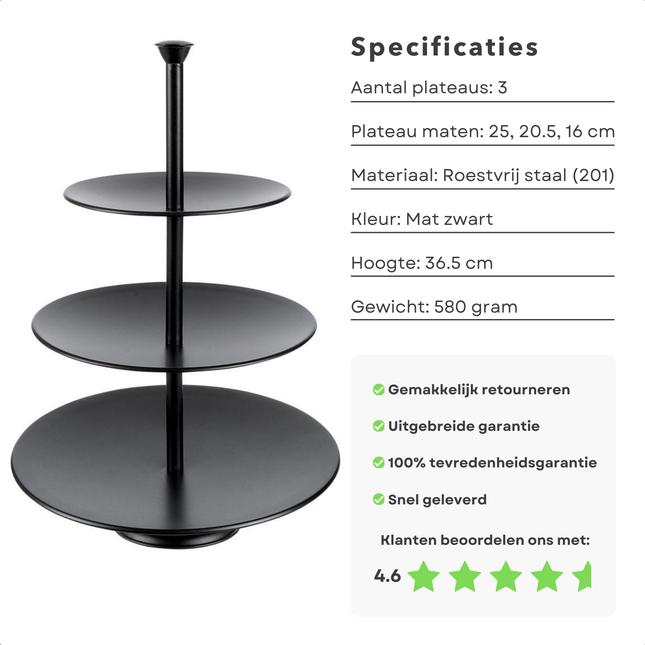 Cheqo® Etagere Zwart Roestvrijstaal met 3 lagen en matte afwerking, ideaal voor het serveren van lekkernijen, specificaties naast product.