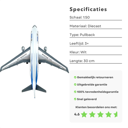 Cheqo® Vliegtuig Speelgoed Boeing 777 - Speelgoedvliegtuig - Schaal 1:50 - Metaal