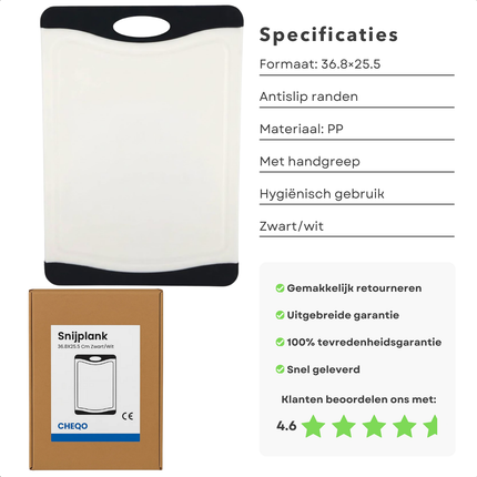 Cheqo® Grote Snijplank Zwart/Wit - XXL Snijplank - Antislip Randen - Met Handgreep - Snij Plank - Hygiënisch Ontwerp - Geschikt Voor Dagelijks Gebruik - Stevige Snijplank