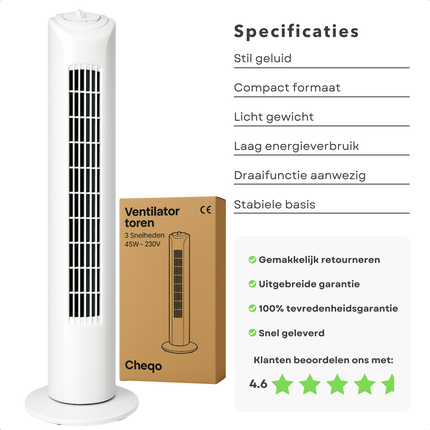 Cheqo® Torenventilator - Stille Ventilator - Vloerventilator - Ventilator Staand - Fan - Airco Alternatief - Wit