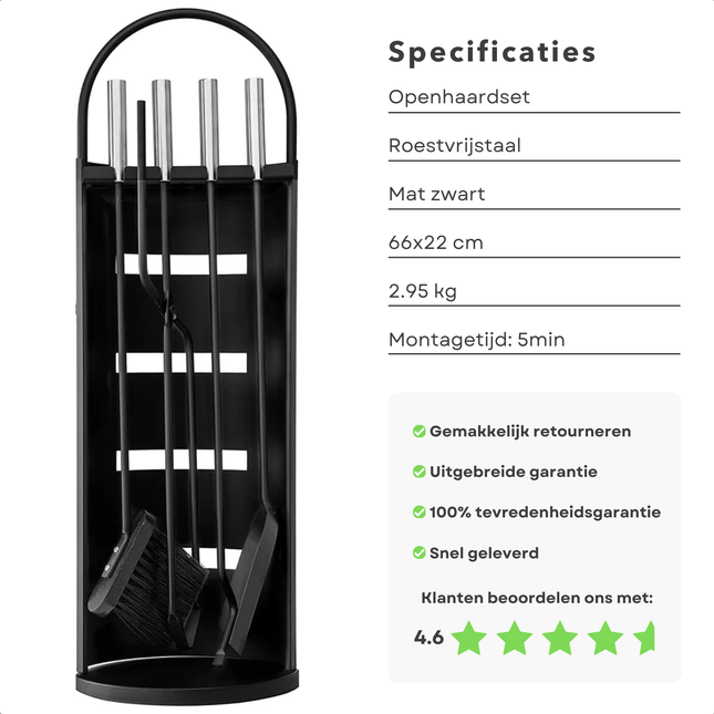 Luxe Cheqo® openhaardset in mat zwart roestvrijstaal met 5-delig gereedschap en specificaties, productbeoordeling toont 4.6 sterren.