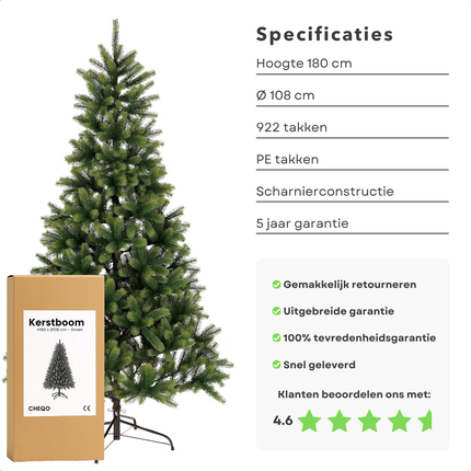 Cheqo® Kunstkerstboom - Nagoya Kerstboom - Levensechte Takjes - PE Materiaal - Natuurlijke Look - Scharnierconstructie - Takken Modelleren - Klassieke Uitstraling - Volle Kerstboom - 922 Takken - Groene Kerstboom