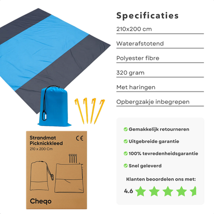 Cheqo® Strandmat Waterafstotend - Picknickkleed Groot - Lichtgewicht Strandmat - Opvouwbare Picknickkleed - Strandmat Met Haringen - Picknickkleed Met Opbergzak - 210x200 cm Kleed - Blauw Grijs Kleed - Polyester Strandmat