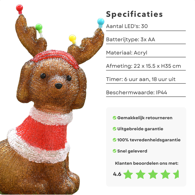 Cheqo® Verlichte Kerstfiguur - Tuinbeeld Hond - Kerstdecoratie Acryl Hond - LED Verlichting - 35 cm - Binnen/Buiten