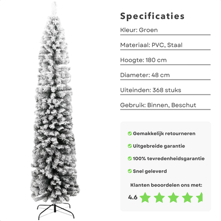 Cheqo® Kunstkerstboom Smal - Smalle Kerstboom - 180 cm - Met Sneeuw - PVC - Binnen en Buiten