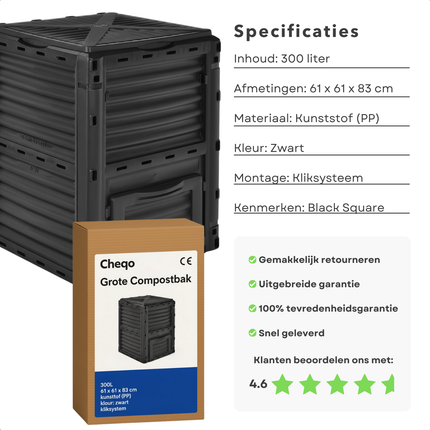 Cheqo® Compostvat 300 Liter - Compostbak - Composter - Afval Recyclen - Vierkant Model - Kunststof Compostbak - Compostton - Kompostvat - Zwart Kunststof - Groente- En Fruitafval - Tuinafval Composteren - Afvalbak Compost